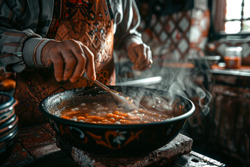 Cose-up mexican woman hands preparing traditional pozole in a rustic kitchen