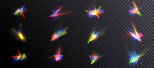 Leinwandbilder - Set of prism distortion effects. Abstract diamond caustics, lens light effects and a colorful set of crystal lens flare vector overlays. Glowing bright rays and colorful light effects. Vector 10 EPS