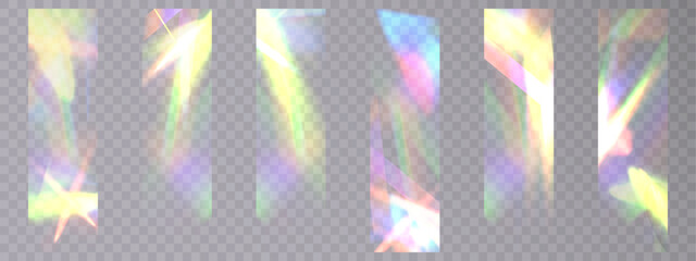 Leinwandbilder - Prism distortion background set. Abstract diamond caustics, lens light effects and a colorful set of crystal lens flare vector overlays. Glowing bright rays and colorful light effects. Vector 10 EPS