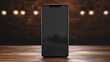 © M.IVA - Sleek Modern Smartphone with a Dark blank Screen on a Wooden Table Against a Brick Background.