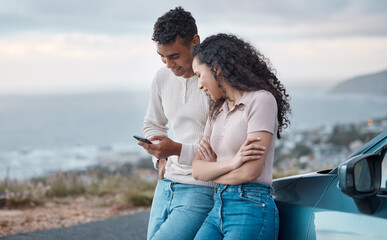 Poster - Couple, phone and reading on road trip, vacation and search for direction on digital map with smile by ocean. Man, woman and happy with smartphone, scroll and outdoor for holiday on travel with app