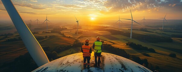 Two technicians in safety gear inspect a wind turbine's nacelle overlooking vast farmland at dawn