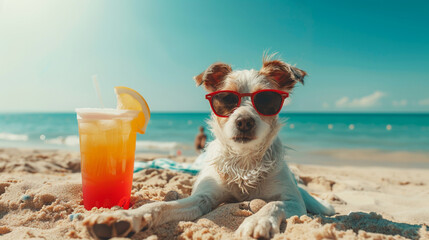 Dog lounging on beach, wearing sunglasses, summer vibes, refreshing drink