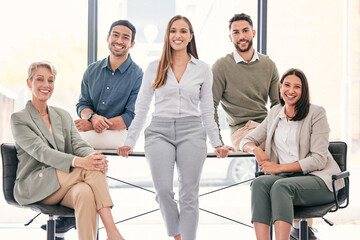 Wall Mural - Portrait, partnership and collaboration of business people in conference room for startup company. Corporate, career and group with pride for international investment, teamwork and project in agency