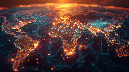 World map, glowing network connections, sunset, digital interface, futuristic, global communication, aerial view