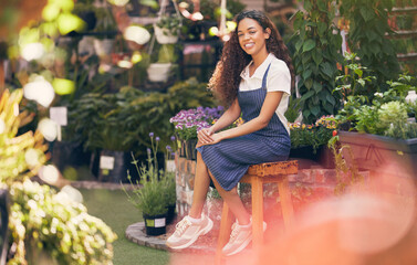 Wall Mural - Woman, happy and florist business or portrait, botanical and sustainable startup with employee and nature plants. Smile, growth and eco friendly gardener, flower nursery and commercial gardening