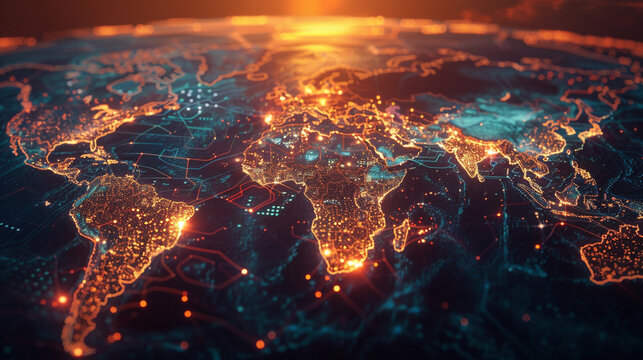 World map, glowing network connections, sunset, digital interface, futuristic, global communication, aerial view