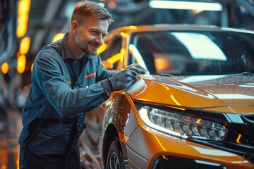 Waist up photo of male Caucasian car detailer applying wax on a car body at a local auto shop.