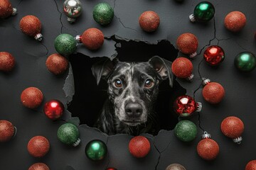 dog, new year, frame. crawls out of torn paper. Red and green decorative New Year's balls. Christmas. postcard. pet. Portrait. old dog