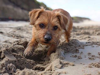 Wall Mural - A small dog is digging in the sand on a beach. The dog appears to be enjoying itself and is focused on the task at hand