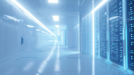 Wall Mural - Modern server room with vibrant blue lights and a sleek, futuristic design