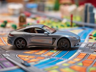 A silver toy car is on a map of a city. The car is parked on a street near a building