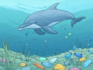 Wall Mural - A cartoon drawing of a dolphin swimming in the ocean with plastic bottles floating around it. Scene is one of sadness and concern for the environment