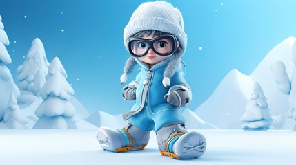 A photo of a 3D character with a snowboard and winter