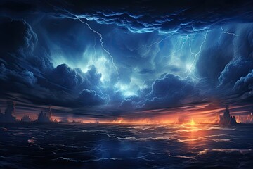 a lightning storm over the ocean with a bright orange lightening, 