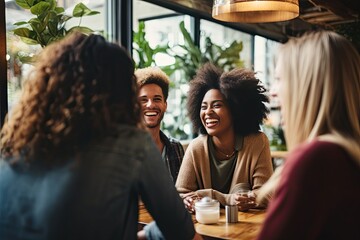 Aufkleber - a group of people laughing and having a conversation, A gathering of individuals engaged in jovial conversation and laughter.