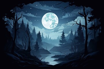 Poster - a dark forest with a full moon in the sky, In the night sky, a bright full moon shines over a dense forest.