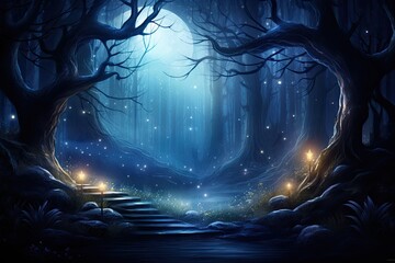 Poster - a dark forest with a full moon in the sky, In the night sky, a bright full moon shines over a dense forest.