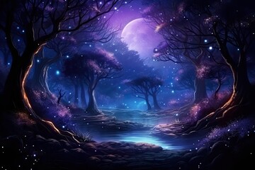 Poster - a dark forest with a full moon in the sky, In the night sky, a bright full moon shines over a dense forest.