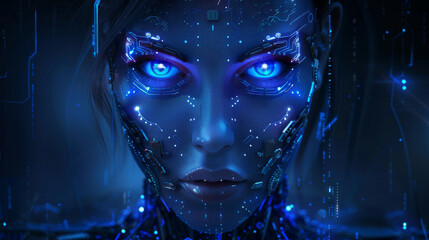 Leinwandbilder - Female cyborg with glowing blue eyes and digital circuit patterns in close-up shot