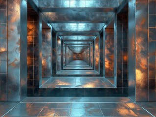 Wall Mural - A long, narrow hallway with a metallic finish. The walls are covered in a pattern of squares and rectangles. The hallway is dimly lit, giving it a mysterious and eerie atmosphere