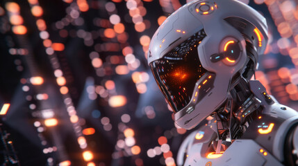 Aufkleber - Close-up shot of a futuristic artificial intelligence robot head with neon light glows