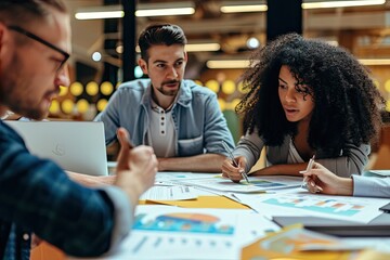 Leinwandbilder - a group of people sitting around a table with papers and pens, A gathering of individuals seated at a table, equipped with papers and pens.