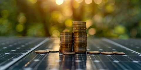 Wall Mural - Money saved by using energy with solar panel, stack of coins on a photovoltaics panel