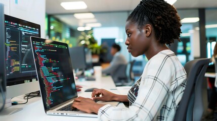 young black woman working on laptop in office setting, african american female creating computer pro