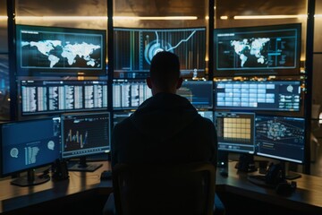 A cybersecurity analyst monitoring network traffic and threat intelligence data on multiple screens, illustrating the importance of intelligent networking in protecting digital assets