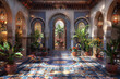 © Sebastian - A traditional Moroccan riad adorned with colorful tiles and ornate furnishings, offering an authentic cultural experience. Concept of Arabian hospitality and elegance. Generative Ai.