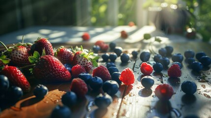A sunlit collection of healthy berries, including strawberries, blueberries, and raspberries, basking in natural light