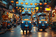 © Sebastian - A group of tourists riding guided electric tuk-tuks through narrow streets in a foreign city, experiencing local culture and heritage. Concept of cultural mobility and tourism. Generative Ai.