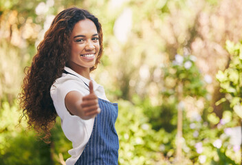 Canvas Print - Portrait, nursery owner and woman with thumbs up, sunshine and nature with support, promotion and agreement. Face, person or entrepreneur with hand gesture, review for startup or feedback for service