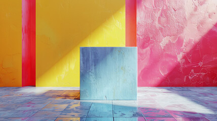 Wall Mural - a blue box is in the middle of a room with a yellow wall and a pink wall