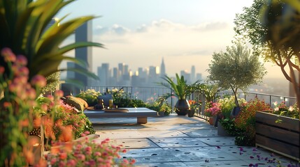 Wall Mural - Natural beauty of a rooftop garden with city views