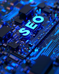 Wall Mural - Close-up of 3d seo letters on a detailed blue circuit board background