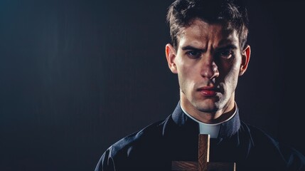 Emotional young priest holding a cross against a dark background with room for text