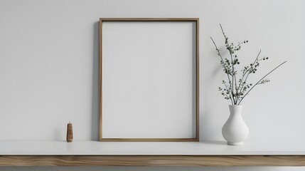 Wall Mural - A template for an artwork, painting, photo, or poster with an empty square frame mockup in a modern, minimalist home with a fashionable vase holding a plant against a white wall.