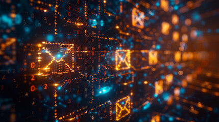 3d digital landscape with abstract visualization of flowing binary code