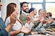 © peopleimages.com - Meeting, applause and business people in boardroom for presentation, company workshop or conference. diversity and staff clapping hands for seminar, convention or corporate success at production team