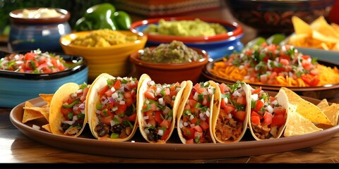 Wall Mural - Classic Mexican Feast: Tacos, Salsa, Guacamole, and Chips. Concept Mexican Food, Tacos, Salsa, Guacamole, Chips, Feast