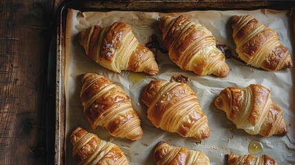 Canvas Print - Homemade croissants viewed from above on a wooden surface with baking parchment