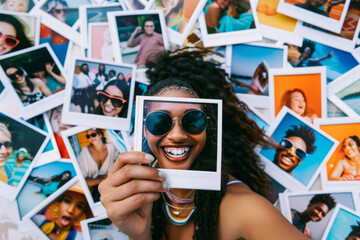 Sticker - A collage of polaroid snapshots capturing spontaneous moments of joy shared among friends. Concept of nostalgia and reminiscence. Generative Ai.