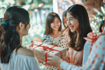 Canvas Print - Friends exchanging thoughtful gifts and heartfelt embraces during a festive holiday gathering. Concept of generosity and celebration. Generative Ai.