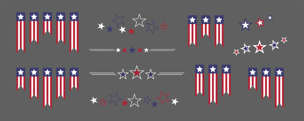 Wall Mural - Memorial Day, US set for American national holiday. Veterans day USA set. Bunting flags and stars. Labor Day illustrations. 4th of July. United States decorative elements set. USA flags decorations.