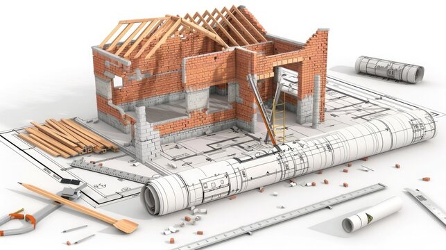 3d illustration of house under construction on blueprints with ruler and pencil, with bricks and wooden beams, white background, high resolution photography