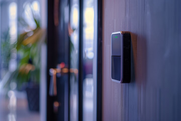 Wall Mural - A sleek keycard reader mounted on the wall beside each hotel room door, granting access to guests with a simple swipe. Concept of modern convenience and security. Generative Ai.