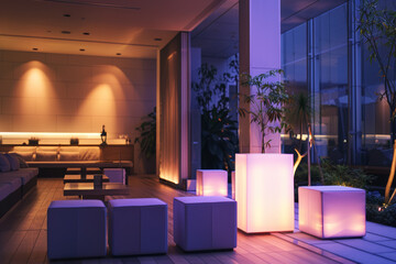 Canvas Print - A stylish lounge area adjacent to the lobby, where guests can sip cocktails and socialize amidst chic decor and ambient lighting. Concept of socializing and ambiance. Generative Ai.