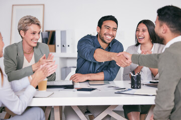 Poster - Businesspeople, handshake and meeting in office with smile, congratulations and welcome in team. Trust, corporate and workforce together with new employee in company or management promotion in London